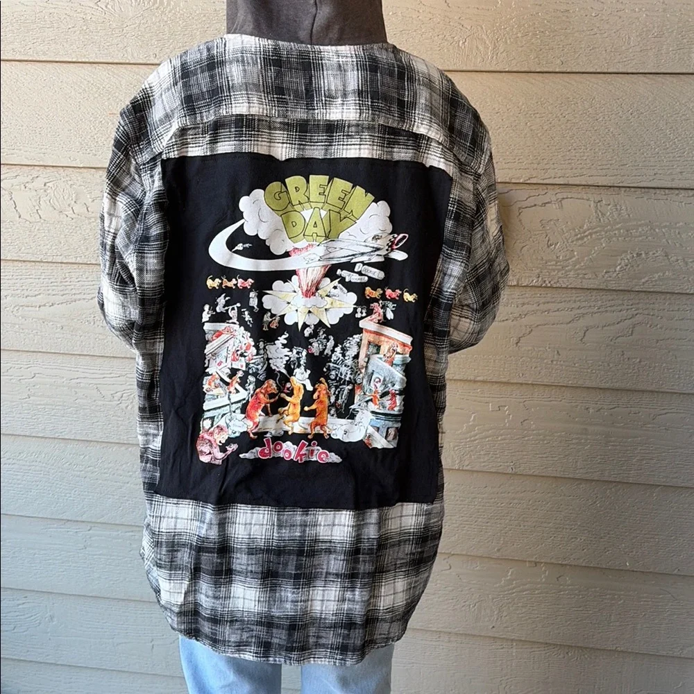Green Day Upcycled Flannel Shirt Handmade Size Large L with Hood - Picture 1 of 4